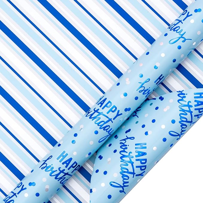 LeZakaa Reversible Blue Birthday Wrapping Paper Roll - Image 7