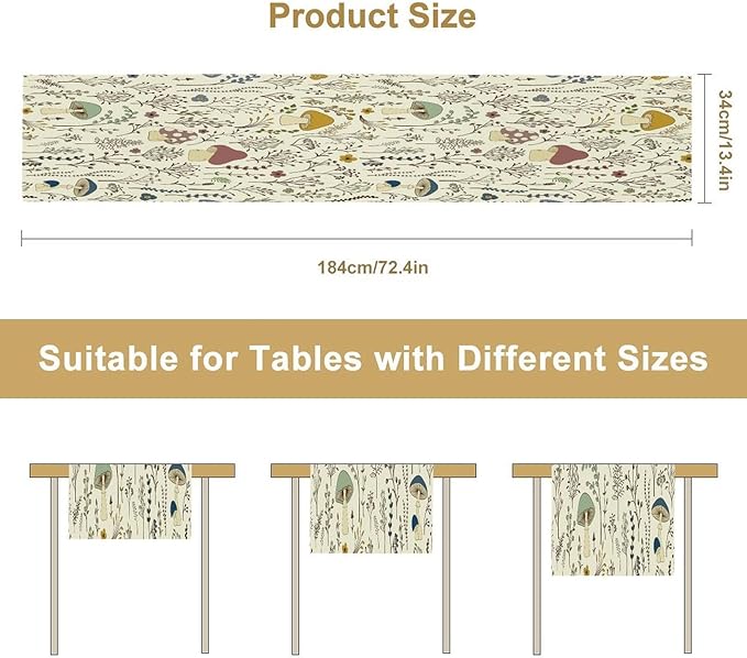 Mushroom Table Runner, Colorful Wild Plants and Fungus Botanical Plants Pattern - Image 2