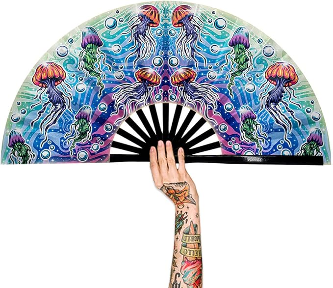 13" Large Rave Fan Bamboo, Folding Clack Hand Fans Foldable by Raveahem