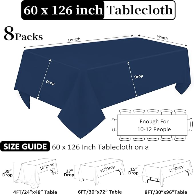 8 Pack Navy Blue Tablecloth 60 x 126 Inch Rectangular Tablecloths - Image 2