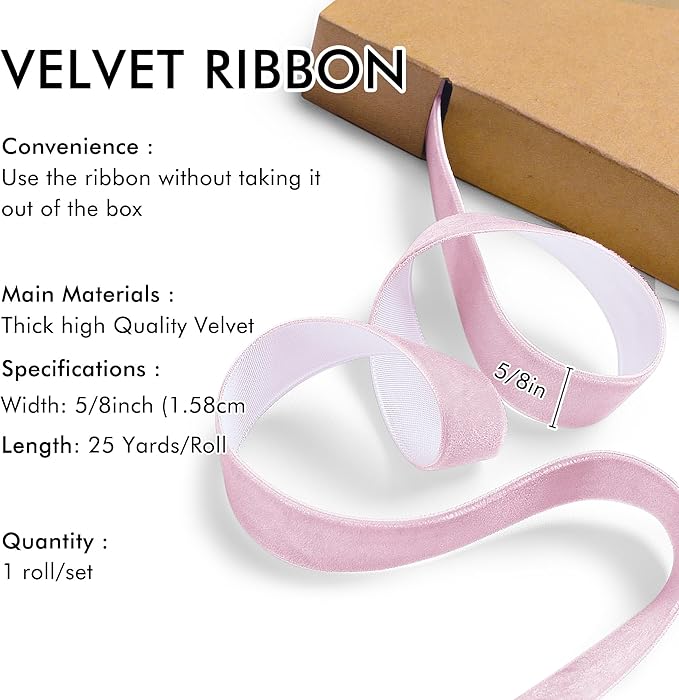 Pink Velvet Ribbon 5/8'' 25 Yards - Image 2