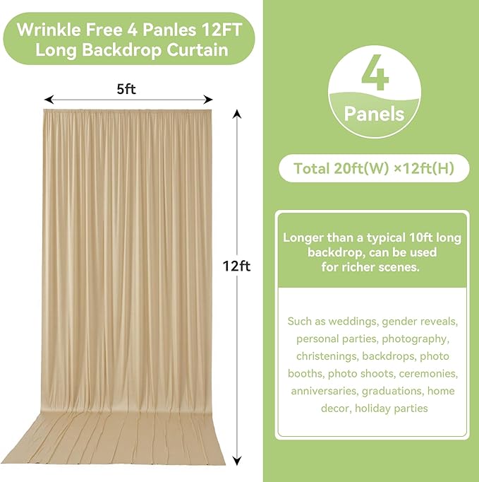 20ftx12ft Wrinkle Free Beige Backdrop Curtain, 4 Panels 12FT Height Beige - Image 5