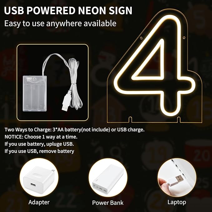 Number 4 LED Neon Sign Backdrop Birthday Party Decoration, 11.3" Height Warm - Image 2