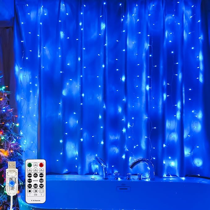Curtain Light for Bedroom, 200LED 6.6x6.6ft Blue Window Wall Hanging Fairy by SINAMER