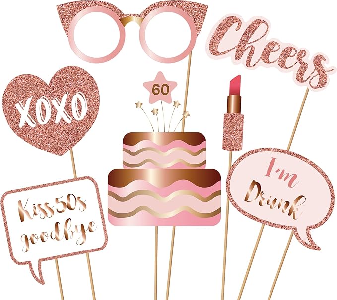 60th Birthday Party Photo Booth Props and Signs, Rose Gold 60 Birthday Party - Image 5