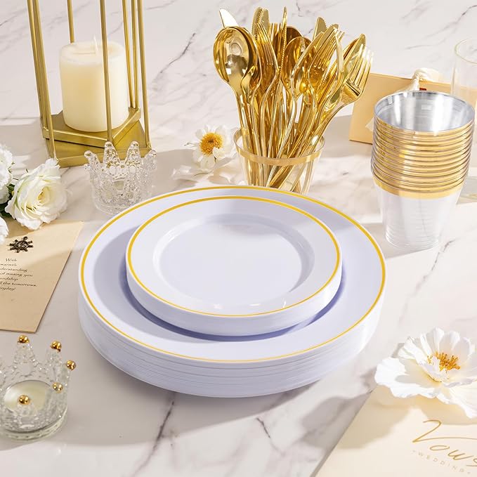 SUT 350 Pcs Gold and White Plastic Dinnerware Set - Image 3