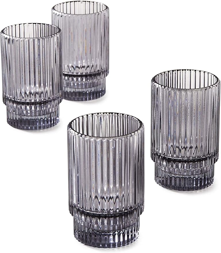 Serene Spaces Living Set of 4 Short Smoke Grey Ribbed Glass Votive Holder by SereneSpacesLiving