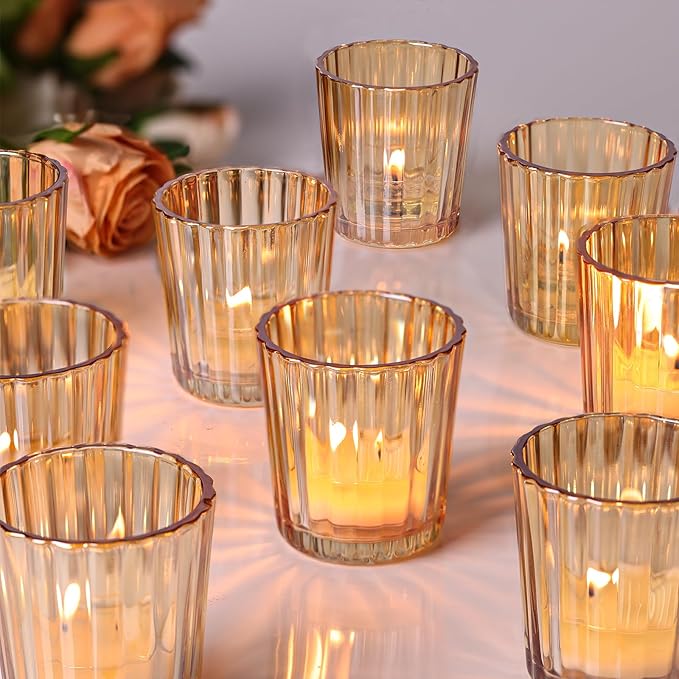 24PCS Vintage Ribbed Gold Votive Candle Holders, Glass Candle Holder by NITIME