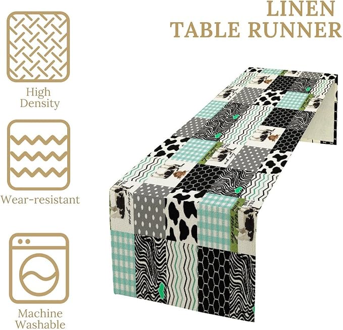 Cute Cow Print Table Runner, Farm Animals Honeycomb Plaid Stripes Cowhide - Image 3
