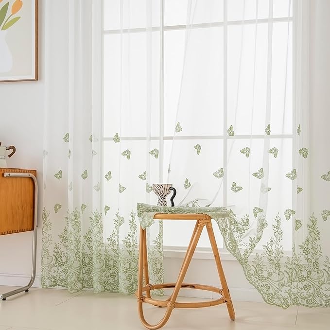 VISIONTEX White Sheer Voile Curtains, Decorative Green Embossed Butterflies Rod by VISIONTEX