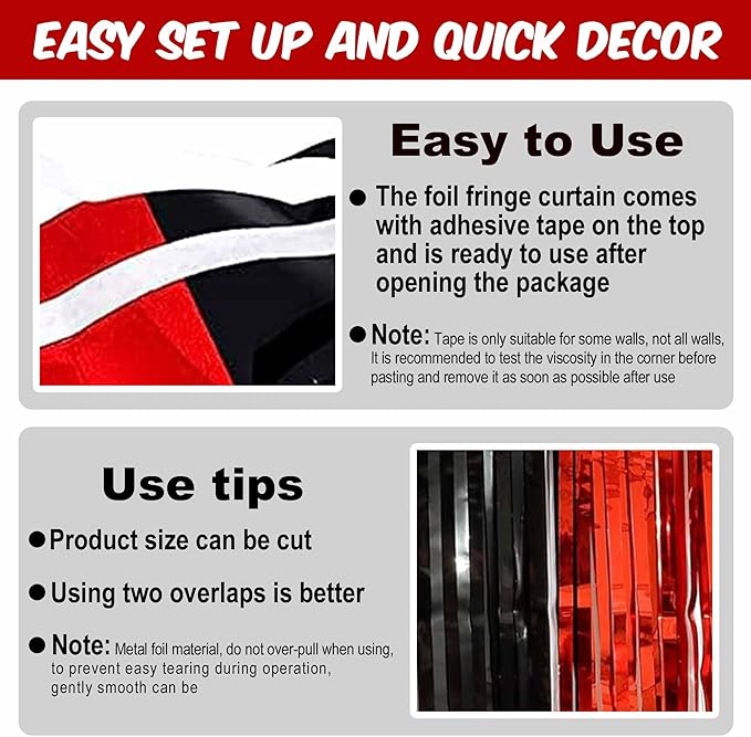 6 Pack Black and Red Foil Fringe Curtains Backdrop, 3.28 x 8.2 Ft Metallic - Image 3