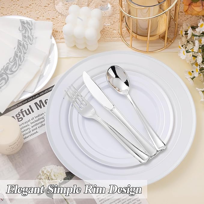 100PCS Silver Plastic Plates Set, 50 10.25 inch Dinner Plate and 50 7.5 inch - Image 5