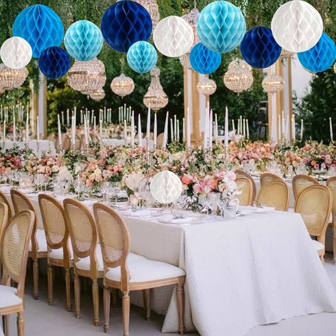 Aiminjey 12Pcs White Blue Paper Honeycomb Flower Balls 6'' 8'' 10'' Decorative - Image 3