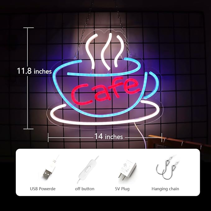 Cafe Neon Sign for Coffee Bar Pub Decor, Led Light of Cafe, USB Power Supply - Image 3