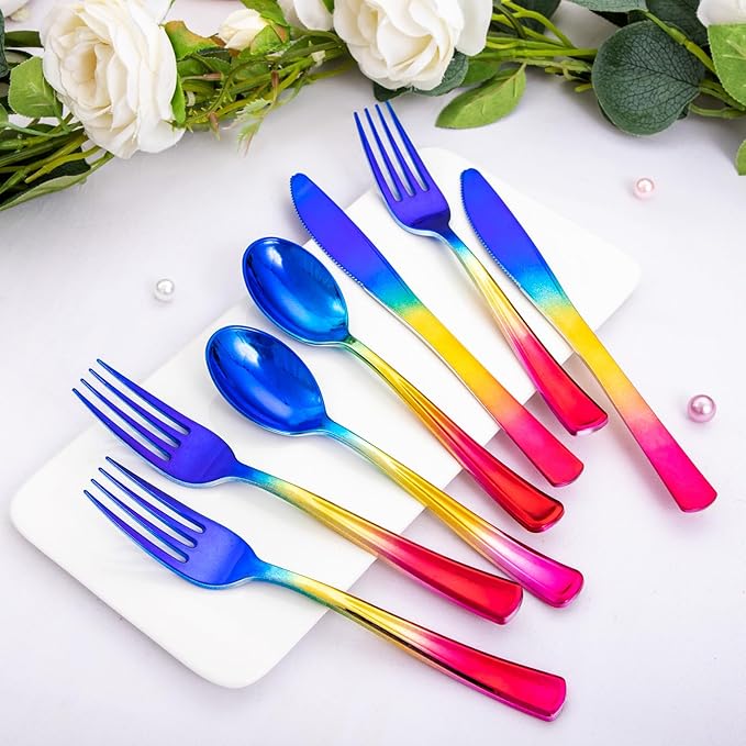 Supernal 120pcs Rainbow Plastic Silverware Set Colorful Party Utensils Blue - Image 8