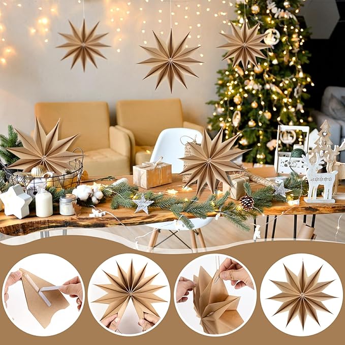 5 Pcs 12-Pointed Brown Paper Star Lanterns 12 Inch Hanging Lamp Rustic Paper - Image 2