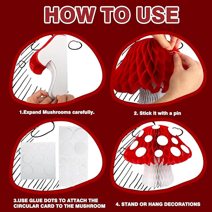 8PCS Mushroom Honeycomb Decor Mushroom Shaped Tissue Paper Pom Decorations - Image 3