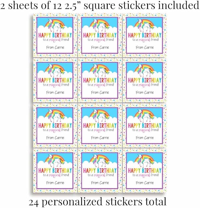 Custom & Personalized Rainbow Unicorn Happy Birthday Gift Tag Sticker Labels - Image 4