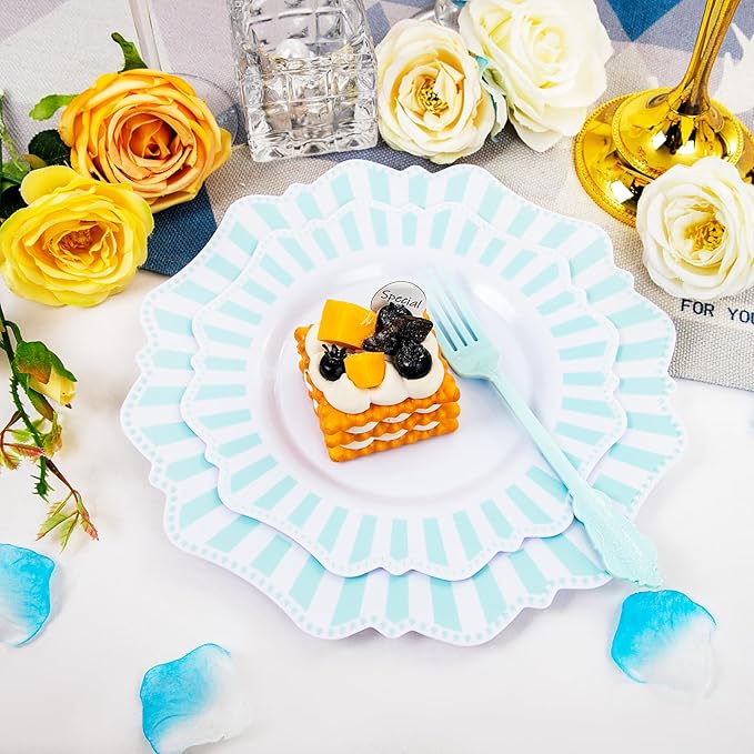 COLOSUS 150pcs Disposable Blue and White Striped Easter Plastic Party Plates - Image 4