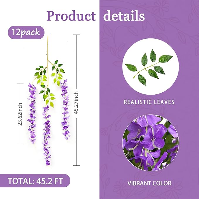 12 Pack Purple Wisteria Hanging Flowers Garland, 3.77 Feet Artificial Flower - Image 2