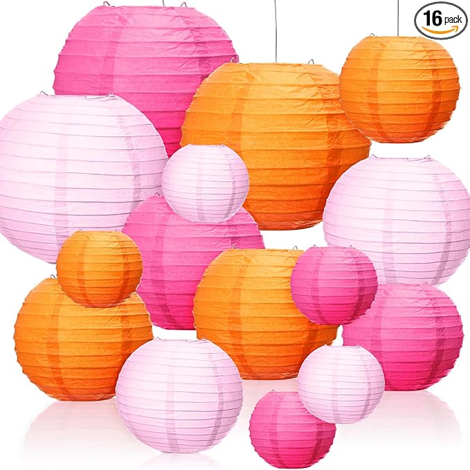 Riakrum 16 Pcs Pink and Orange Paper Lanterns Birthday Party Decorations Mixed by Riakrum