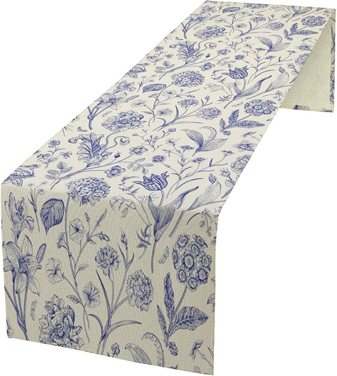 Monochrome Sketch Flowers Table Runner, Seasonal Spring Fall Plants Blue by SHElifestyle