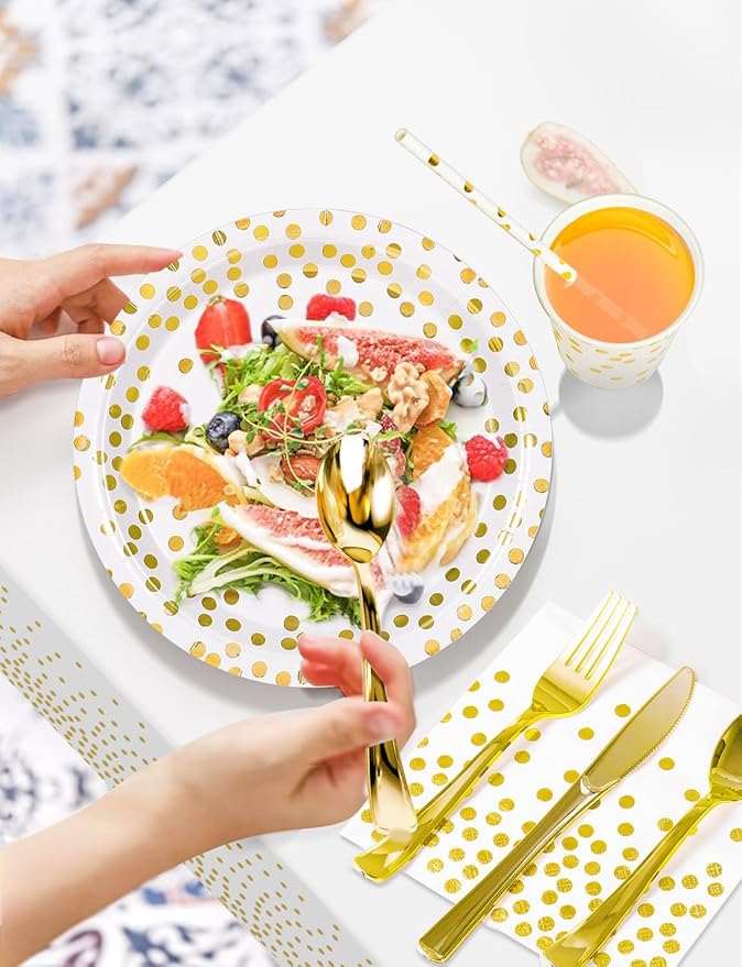 141 Pieces White Gold Party Supplies, Party Dinnerware Sets Include Paper - Image 4