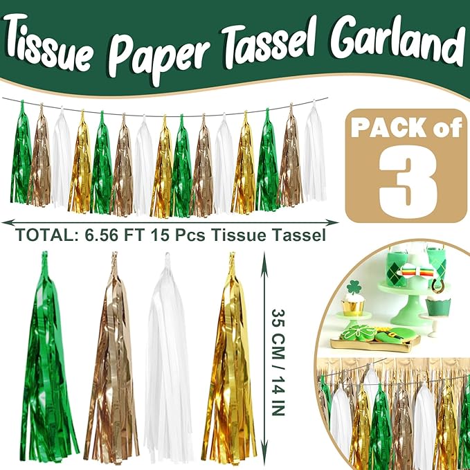 3P Sage-Green Beige-Mint Gold Foil Fringe Metallic Tassel Garland Banner - Image 2