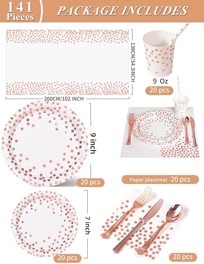 141 Pieces Rose Gold Party Supplies, Party Dinnerware Sets Include Paper Plates - Image 3