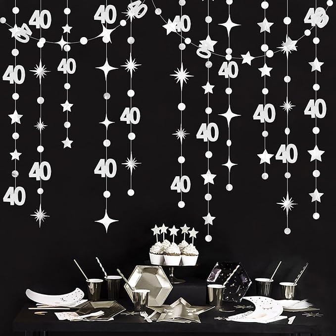 Silver 40th Birthday Decorations Number 40 Circle Dot Twinkle Star Garland by pinkblume
