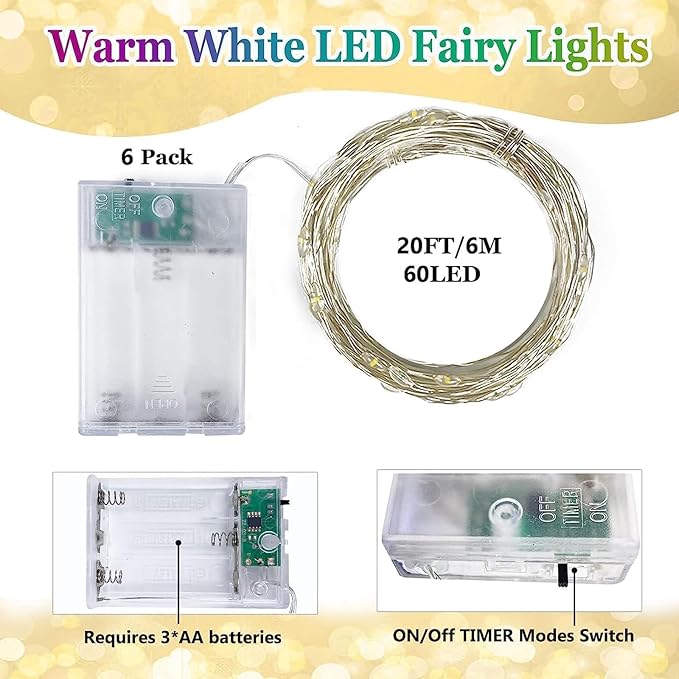 6 Pack Fairy Twinkle Lights Battery Operated, 3 Pack Cool Whie & 3 Pack Warm - Image 2
