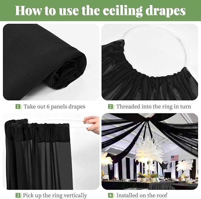 6 Panels Black Wedding Ceiling Drapes 5ftx40ft Ceiling Drapes Chiffon Fabric - Image 5