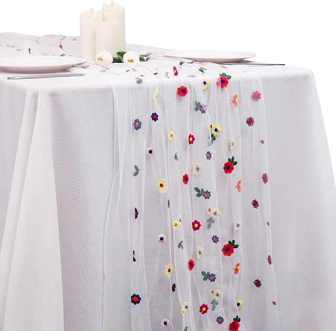 BINBE 1pcs Ivory Daisy Fall Table Runner Embroidery Gauze 10FT Florals Seasonal by BINBE