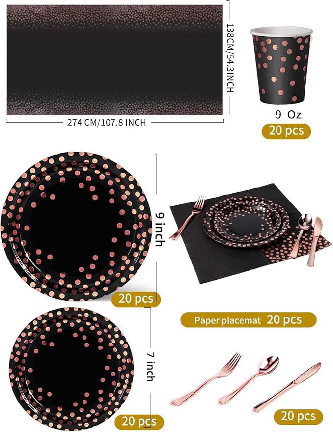 141 Pieces Black and Rose Gold Party Supplies, Party Dinnerware Sets Include - Image 3