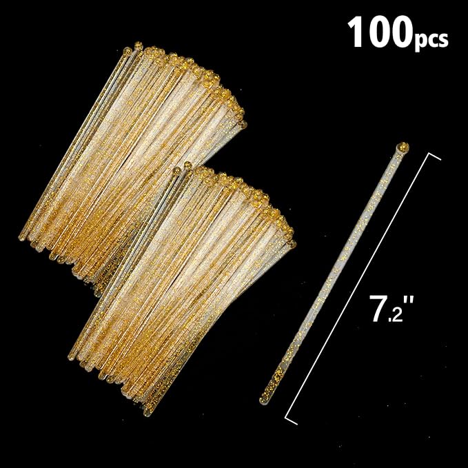 100-PCS Gold Glitter Plastic Swizzle Sticks, Crystal Cake Pops, Cocktail Coffee - Image 6