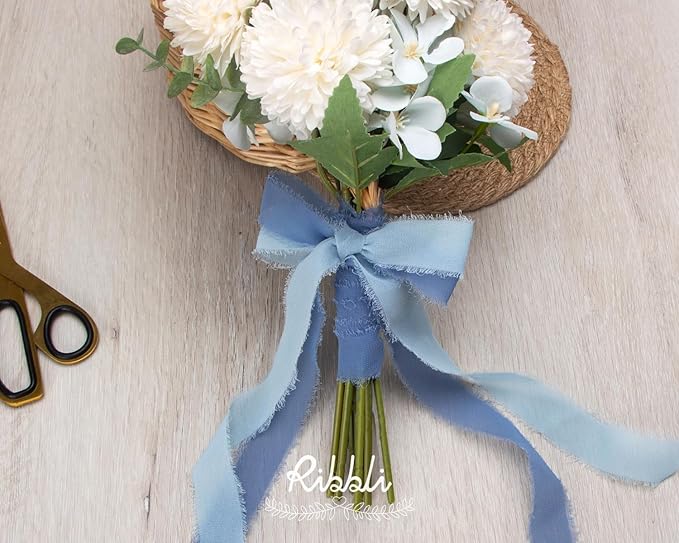 Ribbli Dusty Blue Ribbon 1 Inch x 3 Rolls Total 24 Yards Blue Handmade Fringe - Image 4