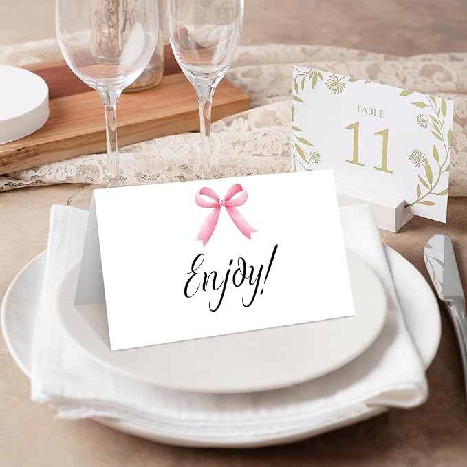 25 Pink Bow Place Cards for Table Seating, Watercolor Wedding Name Place Card - Image 4