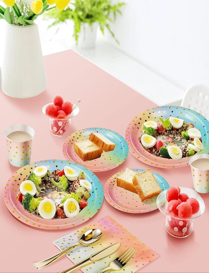 141 Pieces Rainbow Gold Party Supplies, Party Dinnerware Sets Include Paper - Image 5