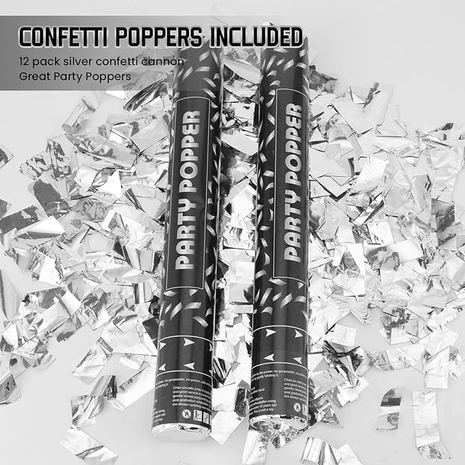 Party Poppers Confetti Cannon 12 Pack Silver Poppers 12 Inch Party Shooters - Image 3