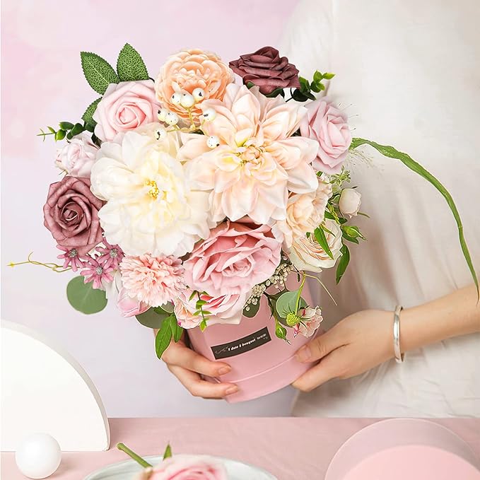 AmyHomie Blush Champagne Artificial Flowers Combo Silk Mix Peony Rose Fake - Image 5