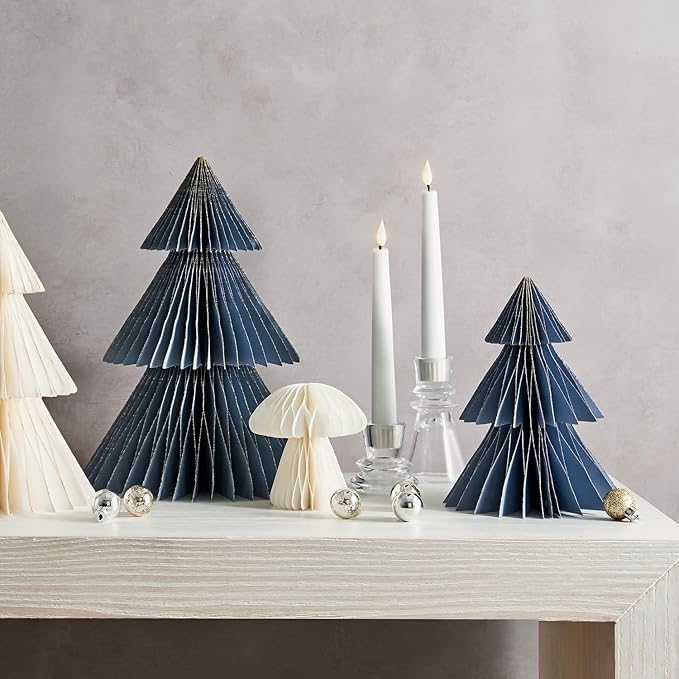 LampLust Winter Ornaments, 2 Pack Dusty Blue Honeycomb Paper Trees, 10 & 12 in - Image 4
