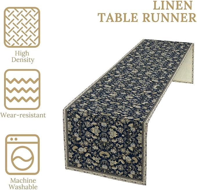 Vintage Boho Floral Table Runner, Morris Rustic Country Farmhouse Dark Blue - Image 5