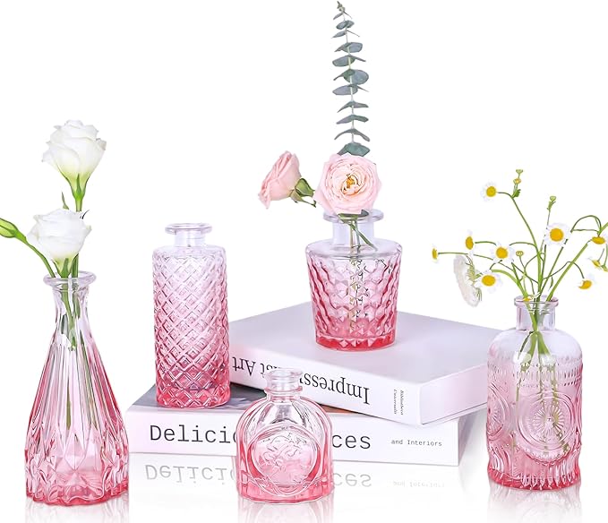 Pink Glass Bud Vases Set of 5, Mini Flower Vase by UPBUD