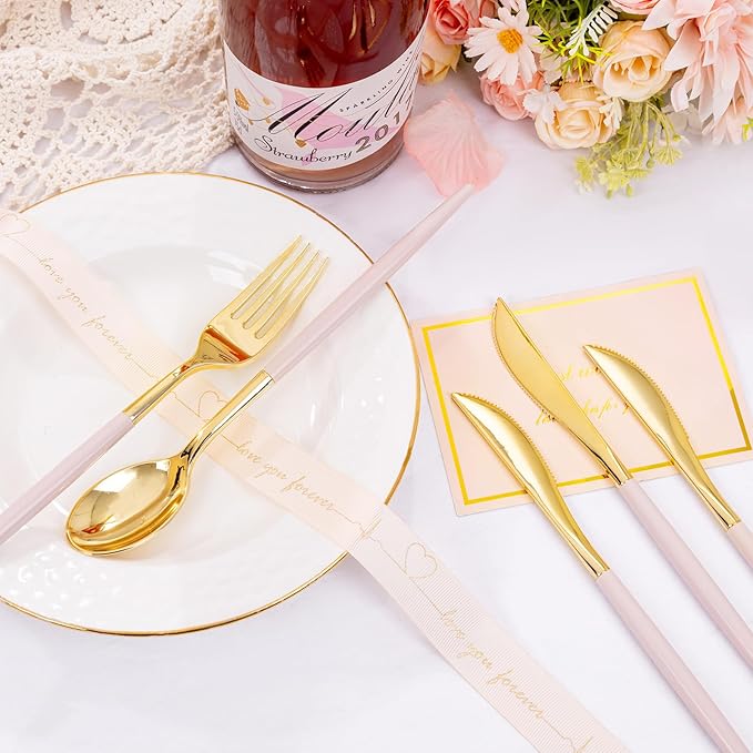 SUT 160Pcs Pink and Gold Plastic Silverware, Heavy Duty Plastic Silverware - Image 4