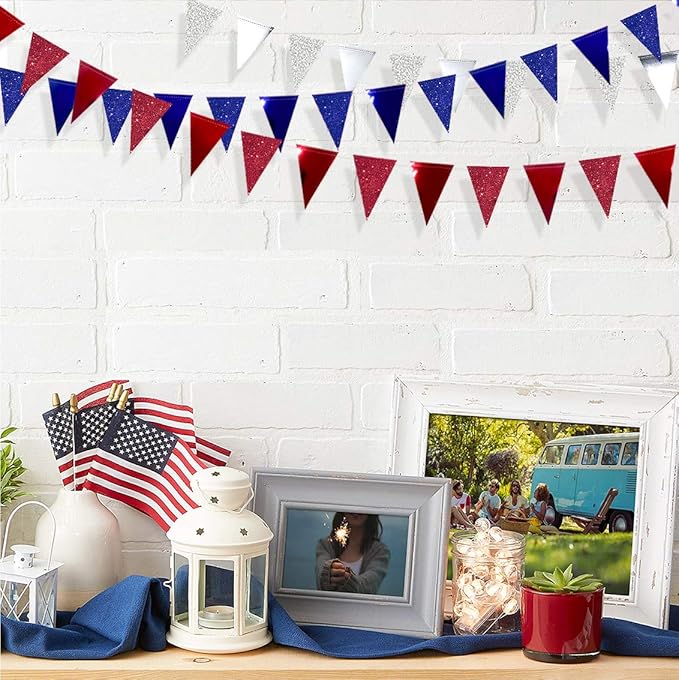 30 Ft Red Silver Blue Triangle Pennant Banner Bunting Hanging Paper Flag Garland - Image 4