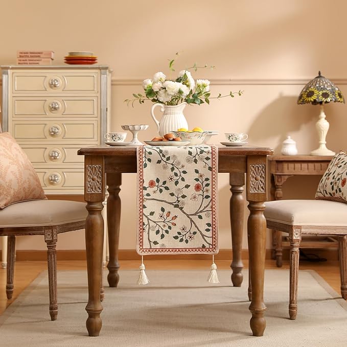 ISAENNE Designer Elegant Linen Floral Extra Long Table Runner 118 Inches - Image 3