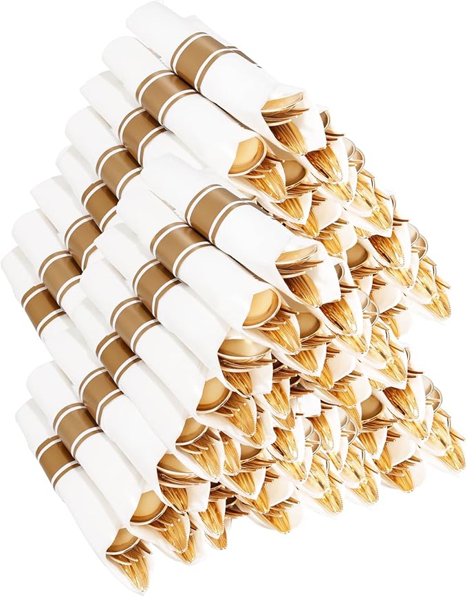 400PCS Pre Rolled Gold Plastic Silverware Sets by Joyido