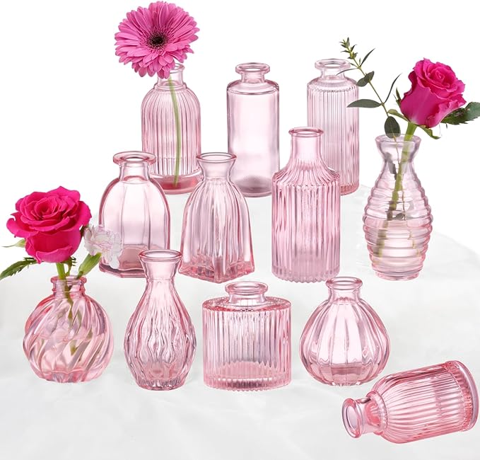 Pink Vase, Bud Vases Set of 12, Small Pink Glass Vases by PHUNTTEK