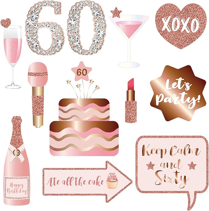 60th Birthday Party Photo Booth Props and Signs, Rose Gold 60 Birthday Party - Image 4