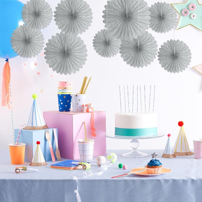 20 Pcs Silver Gray Hanging Paper Fan, Round Paper Fans Decorations Set - Image 4
